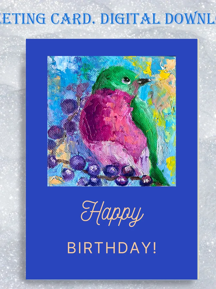 Digital Download, Bird Birthday card, Hand Painted Card, Printable bird, Birthday E-Card, Robin painting