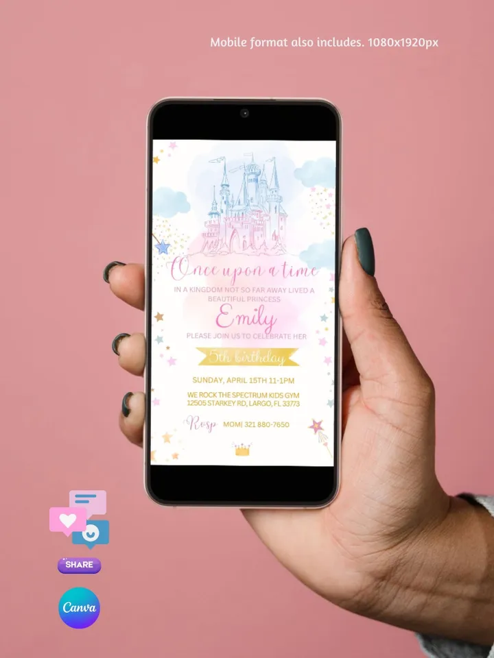 Watercolor Princess Castle Birthday Invitation Card - Editable Canva Template