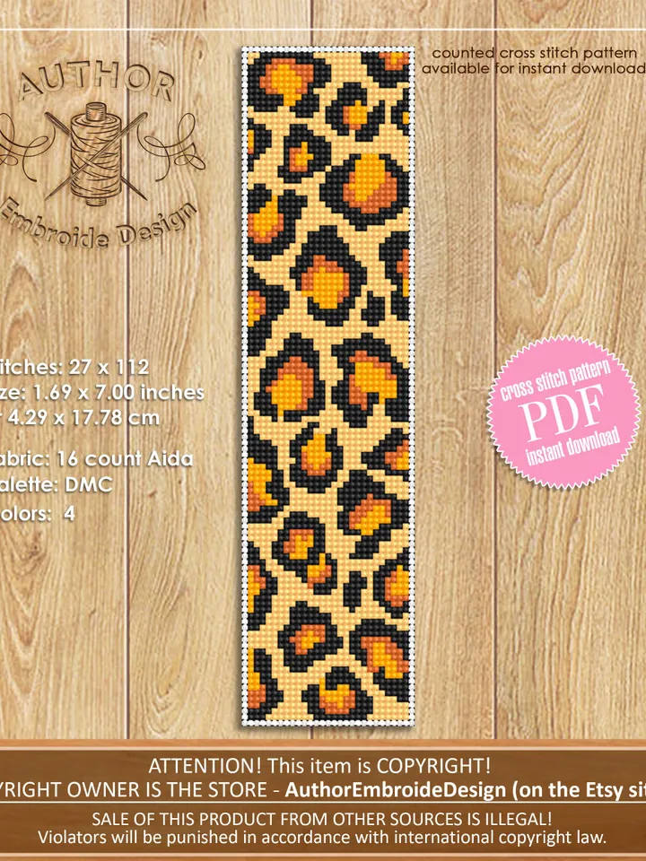Bookmark cross stitch digital pattern PDF Handmade bookmark animal print xstitch chart Full coverage leopard print cross stitch pattern #B35