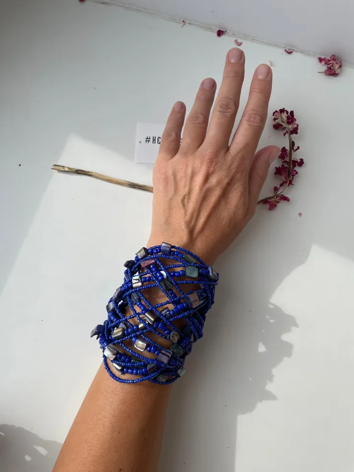 Wide Bright Blue Nacre Bracelet | Handmade Mother Of pearl Jewerly | Pearl Beaded Wide Bracelet | Elegabt Women Assosoiries | Blue Bracelet