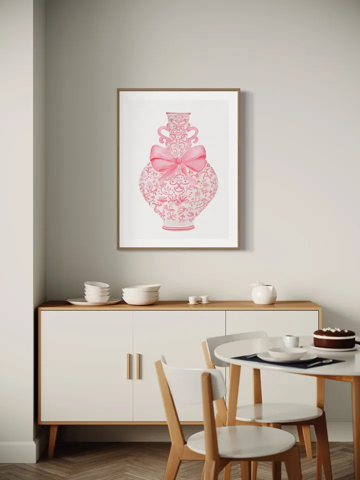 Pink Chinoiserie Ginger Jar With Bow, Watercolor Painting, Pastel Wall Art, Pink Bow Art, Nursery Wall Art, Preppy Pink Bow, Chinese Print