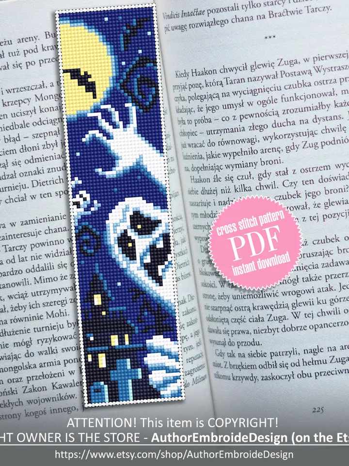Halloween bookmark cross stitch pattern PDF download Ghost cross stitch chart, Handmade bookmark pattern digital, Spooky Haunted house #B44