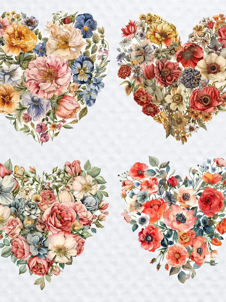 16 Vintage Floral Heart PNG Clipart, Watercolor clipart, Floral Heart sublimation, Printable clipart, Digital download, Paper craft