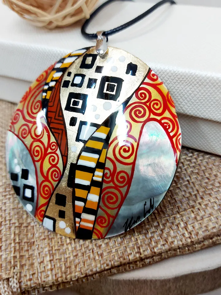 Gustav Klimt.Mother-of-pearl Russian hand-painted necklace.Hand painted miniature painting.Modern.Collectible.Artistic gift.For your beloved