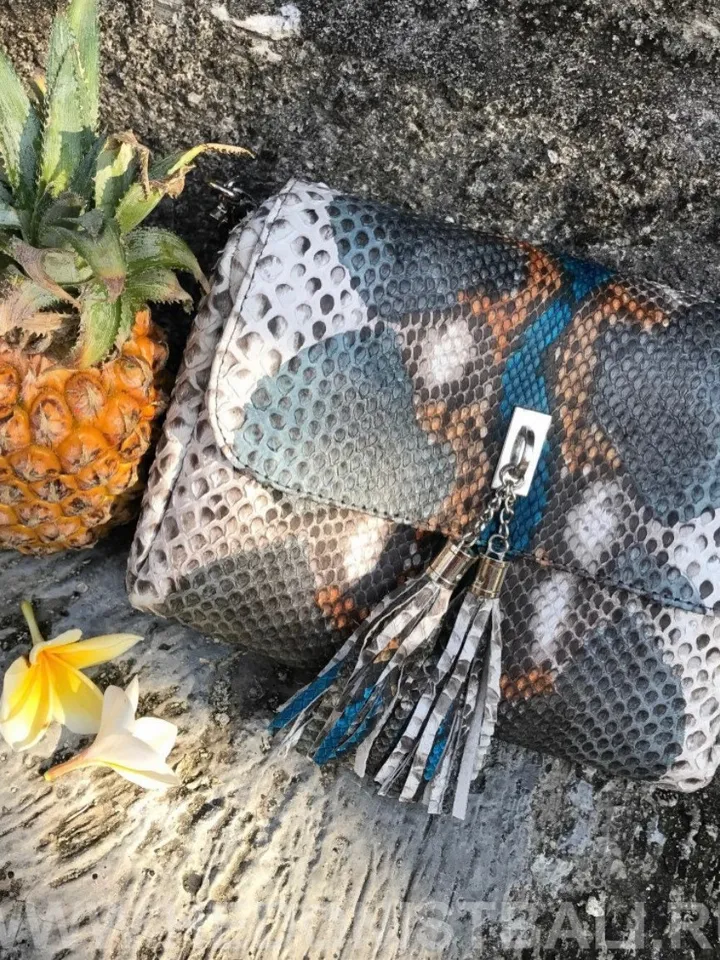 Genuine python skin crossbody multicolor turquise tassel women bag | Designer leather snakeskin bag | exotic leather bags free shipping