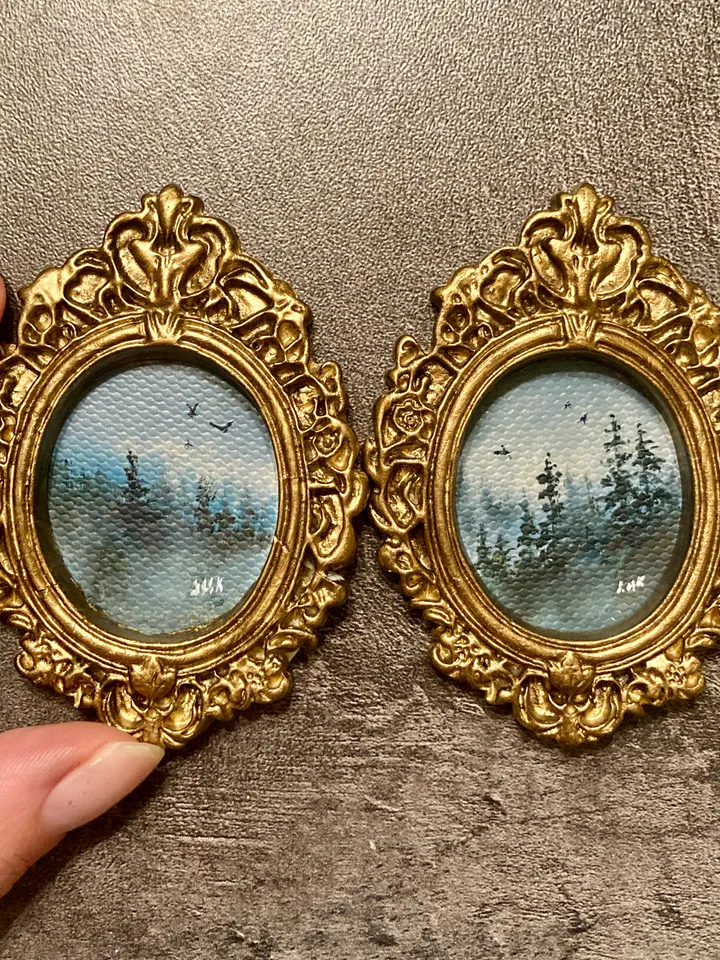 Forest Landscape Oil Painting Set of 2 Original In Vintage Style Frame Small Framed Oval Painting Art