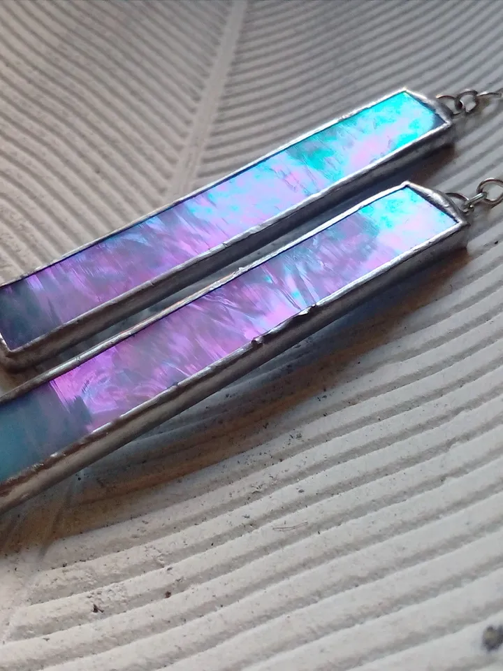 Iridescent stained glass blue earrings, cute rectangle earrings, dichroic earrings, duochrome earrings