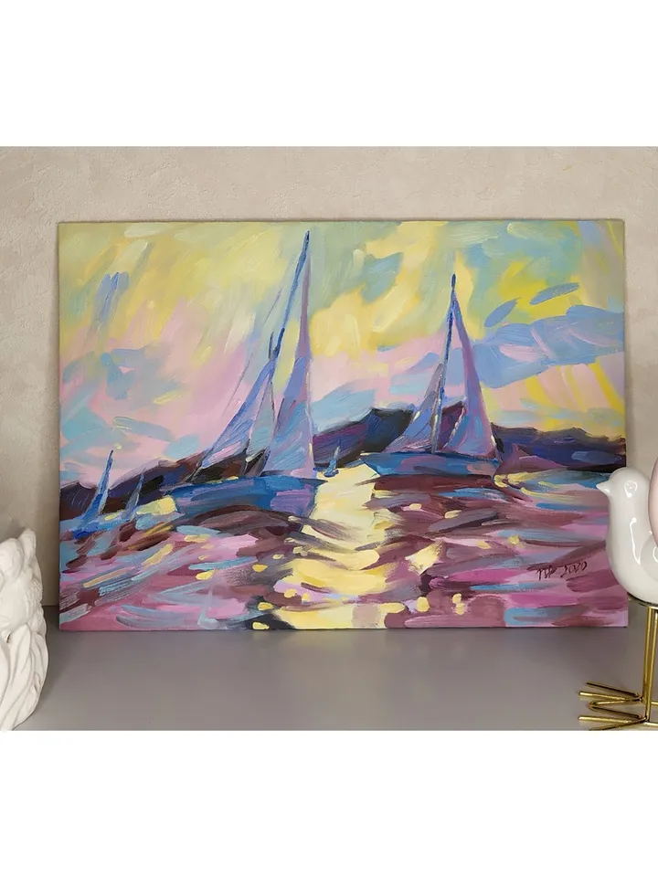 Baker Beach painting San Francisco original art 10 by 14 in Boat wall art Yachts artwork by Natalia Plotnikova
