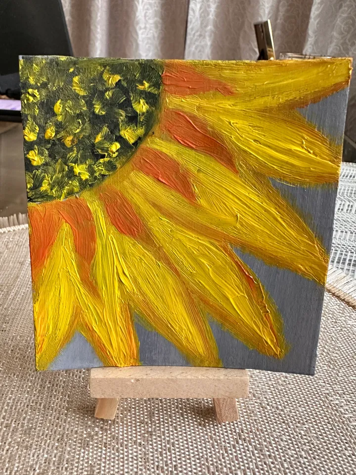 Oil Painting Sunflower Flower Cardboard 4x4 inches 10x10 cm Wall Decor Miniature 3D Image Floral Art Abstraction