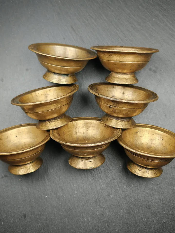 Gandhanra Authentic Tibetan Buddhist Butter lamp / Water Offering Bowls,Yonchap Bowls,Made of Brass,1 Set of 7 Bowls,2.7",100+ Years Old