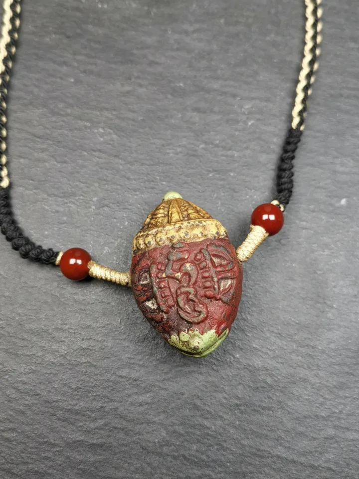 Gandhanra Old Tibetan Stupa Tsa Tsa Amulet, Double-sided Vajra and Bodhi Leaf Shape Pendant,30 Years Old