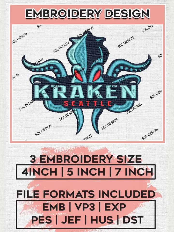 NHL Seattle Kraken Mascot Embroidery Files, NHL Kraken Machine Embroidery Designs, NHL Embroidery Designs, NHL Machine Embroidery Designs, Digital Download