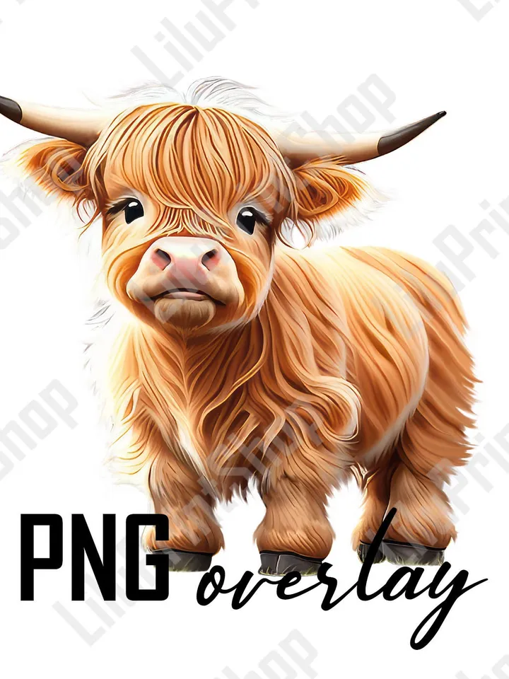 Highland cow png for sublimation Baby animal overlay, Cute Highland cow clipart for invite, party digital instant download