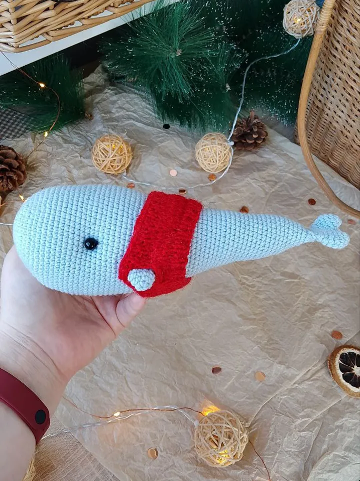 Stuffed blue whale toy for nursery decor. Soft toy made of cotton yarn blue whale. Gift for a boat trip lover.