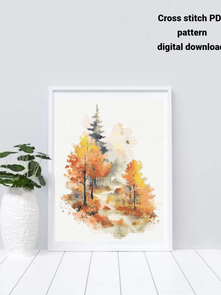Watercolor Autumn Forest cross stitch PDF pattern, Fall Nature embroidery design, Instant download