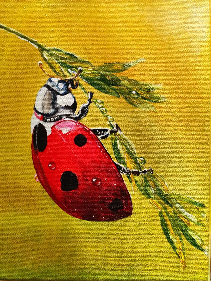 Ladybug on a branch Miniature oil painting realism nature