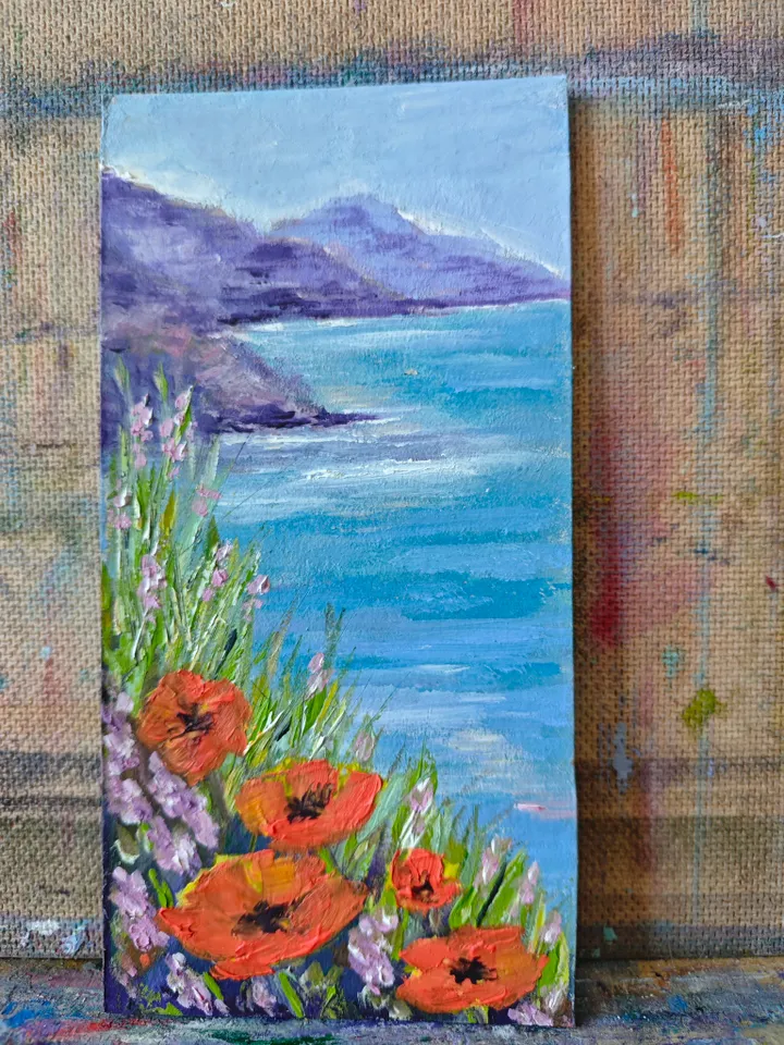 Seascape Original Painting Sea Mountains Original Art Seascape Red Flowers Wall Artwork Seacoast Painting Seaside Red Flowers Mountains Decor 4x8 inches by OlgaSokolovaArt
