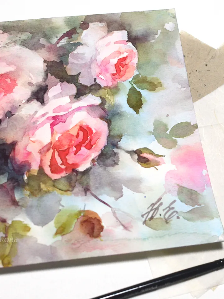 Pink roses painting Small watercolor art