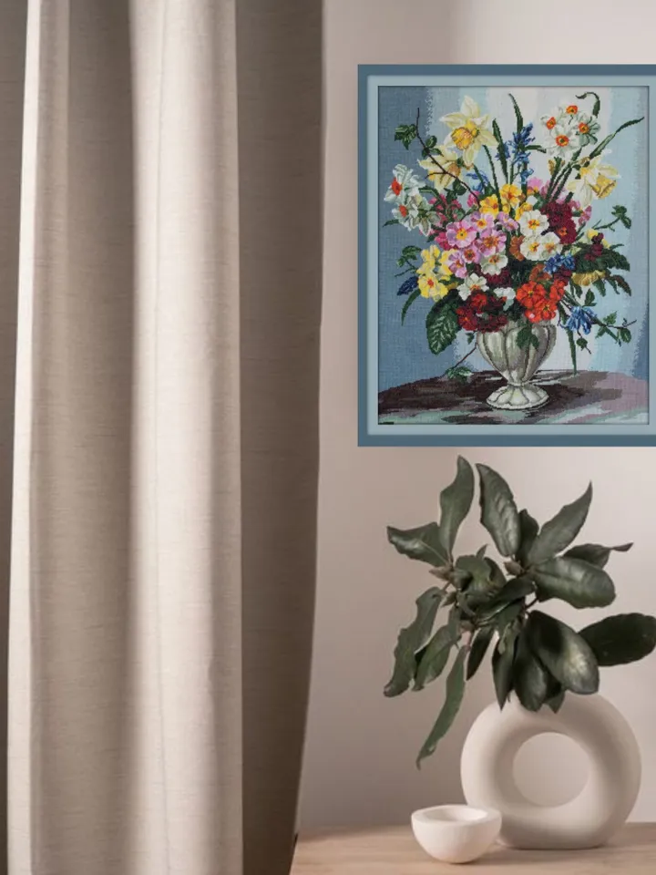 Still Life Floral Wall Art Decor, Finished Cross Stitch, Flower Vase Embroidery Art Print, Botanical Wall Art