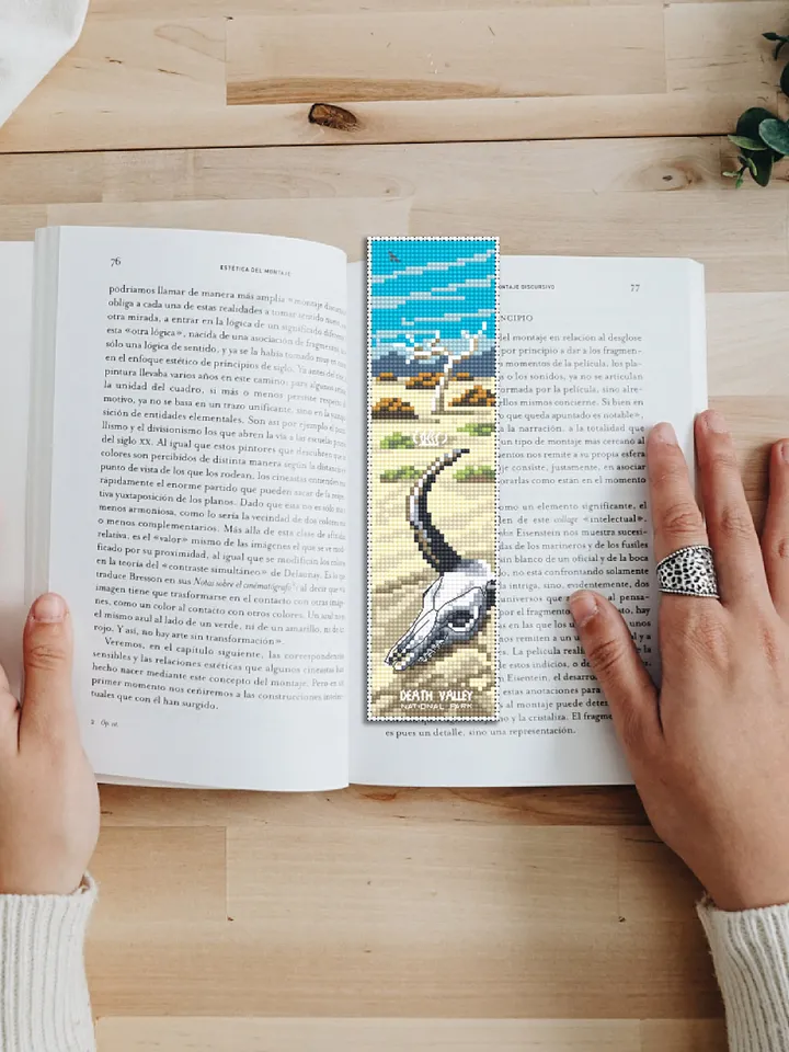Death Valley National park bookmark cross stitch pattern PDF download Nature cross stitch chart, Desert landscape, Cow skull bookmark #B192