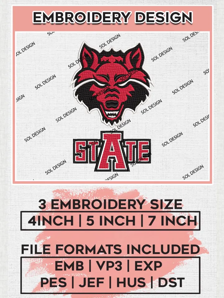 NCAA Arkansas State Red Wolves Logo embroidery designs, NCAAArkansas State Red Wolves Machine embroidery designs, NCAA embroidery designs, Machine embroidery designs, Digital Download