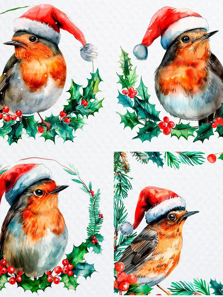 21 Christmas Robin In Hat PNG Bundle, Winter Printable Watercolor clipart for sublimation, Digital download, Paper craft, junk journals