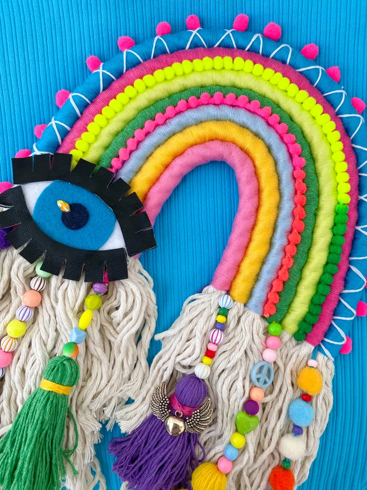 Colorful wall decor, Hippie room decoration, Macrame rainbow with evil eye, Funny gift, Boho home decor
