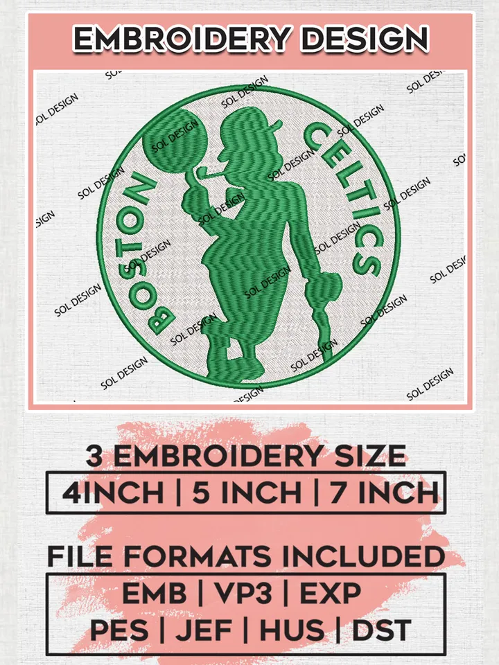NBA Boston Celtics Logo Embroidery Designs, Boston Celtics Team Logo Embroidery, Basketball Team Logo Embroidery Files, NBA Team, 3 sizes, Machine embroidery Files, Digital Download