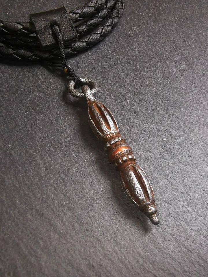 Gandhanra Tibetan Buddhist Amulet,Nine-pronged Dorje Vajra Pendant with Leather Chord,Made of Cold Iron,1.97&quot;