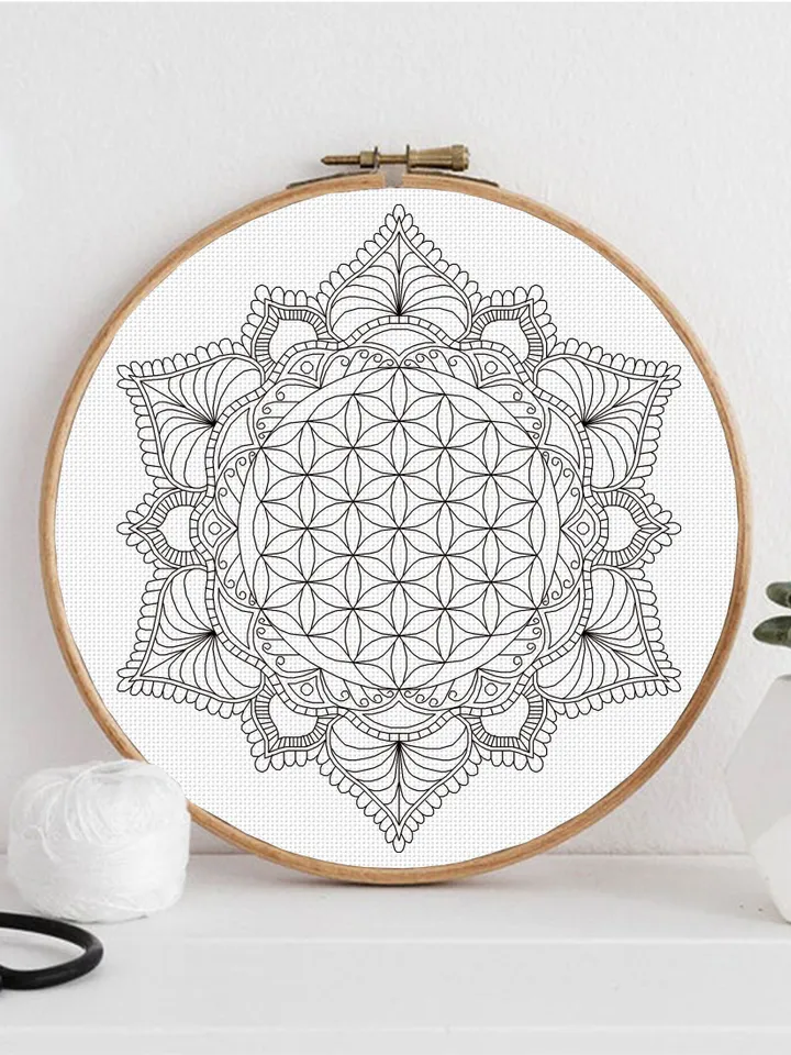 Flower of life mandala blackwork pattern PDF Floral mandala hand embroidery download PDF, Monochrome backstitch chart Mandala ornament #W23