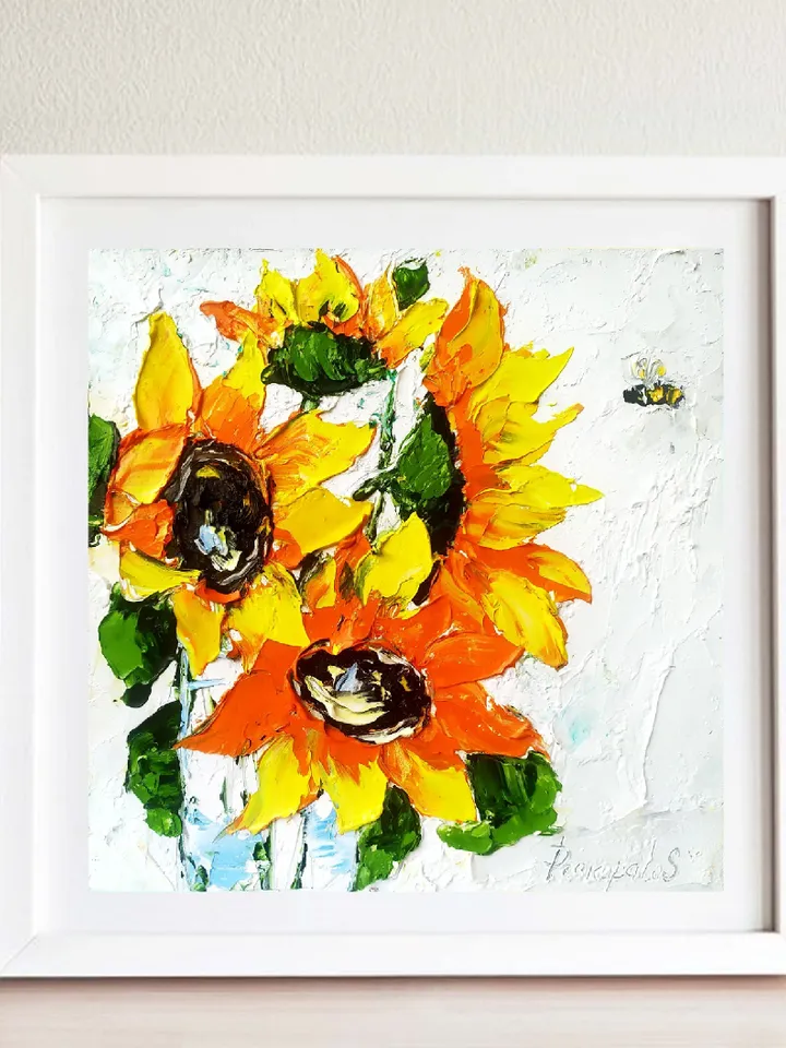 Sunflowers Painting Honeybee Original Art Flowers Impasto Oil Painting Floral Wall Art Flowers Wall Art 8x8