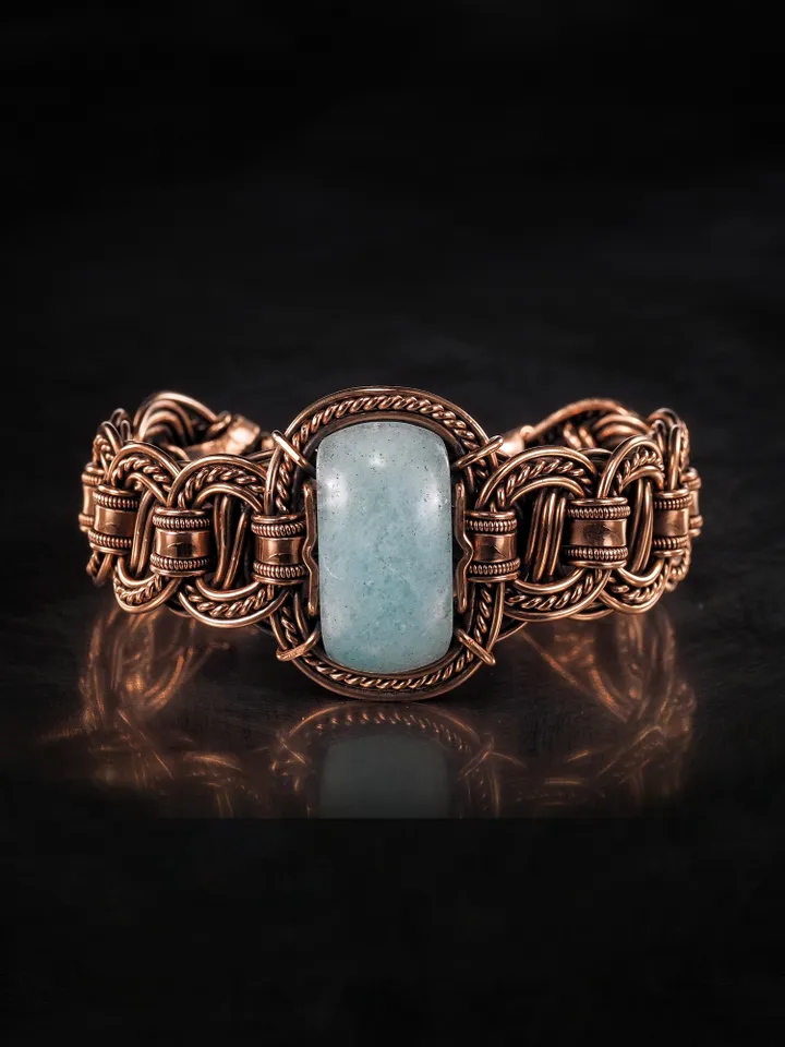 Copper wire wrapped aquamarine bracelet Unique bangle 7th Wedding Anniversary