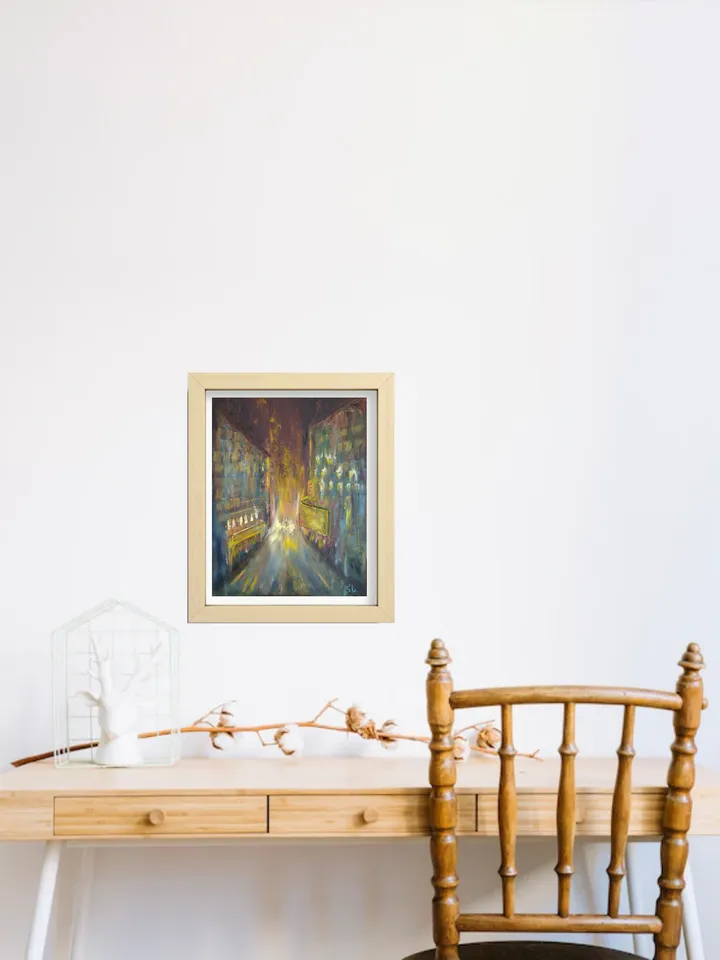 Oil painting with night city and lanterns, original art, night on the city streets, cardboard 12x8 inches