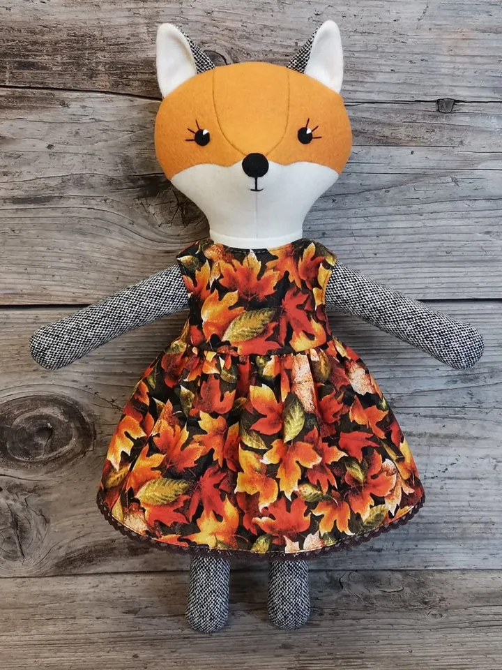 Orange fox girl, handmade stuffed wool doll, textile plush fox, fabric animal doll