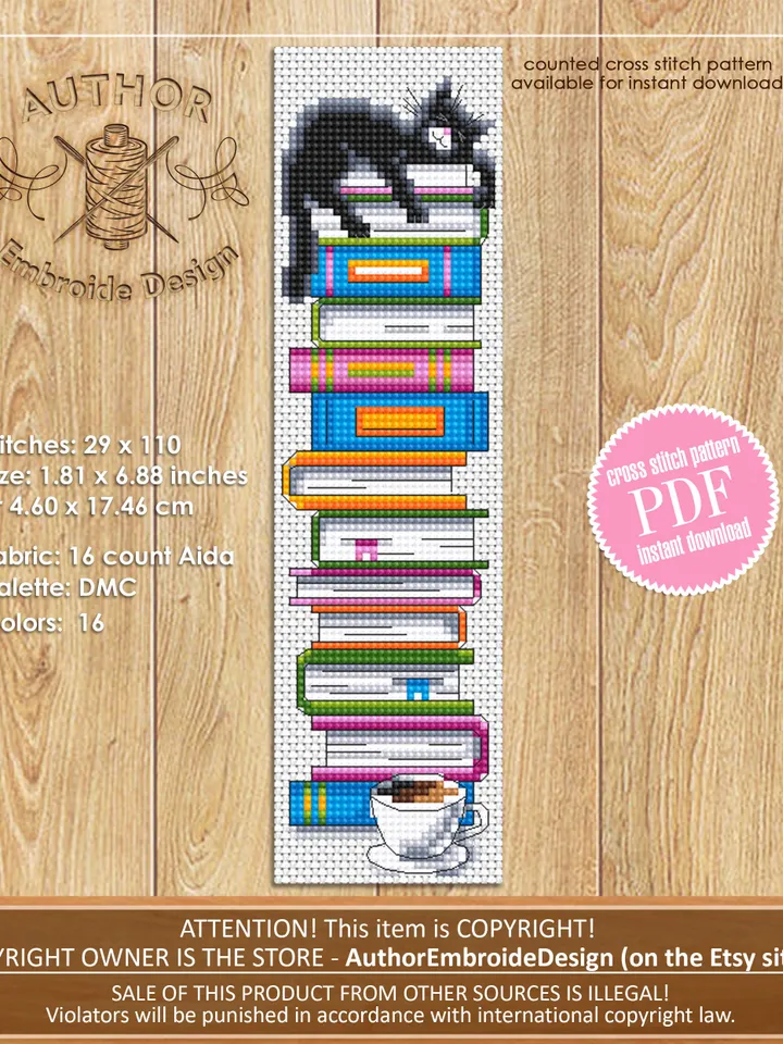 Funny bookmark cross stitch pattern PDF download Black cat cross stitch chart, Handmade bookmark pattern digital PDF, Book accessories #B335