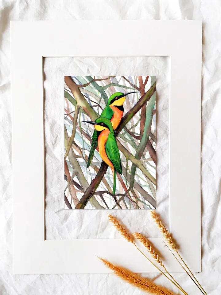 Bee-Eater Original watercolor, bird painting, wall decor, birds lover gift, 8x11 in handmade art by Anne Gorywine
