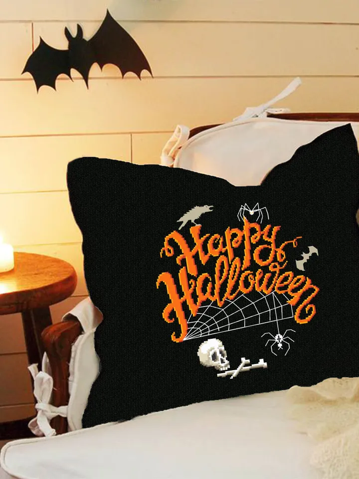 Happy Halloween cross stitch pattern download PDF Halloween skull cross stitch Spooky xstitch chart Halloween quotes Magic embroidery #H10