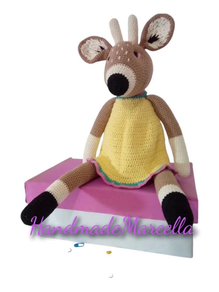 Large Amigurumi Deer – 57 cm Handmade Crochet Forest Animal – Deer in Yellow Dress – Soft Toy for Girl – Nursery Decor – Gift Idea