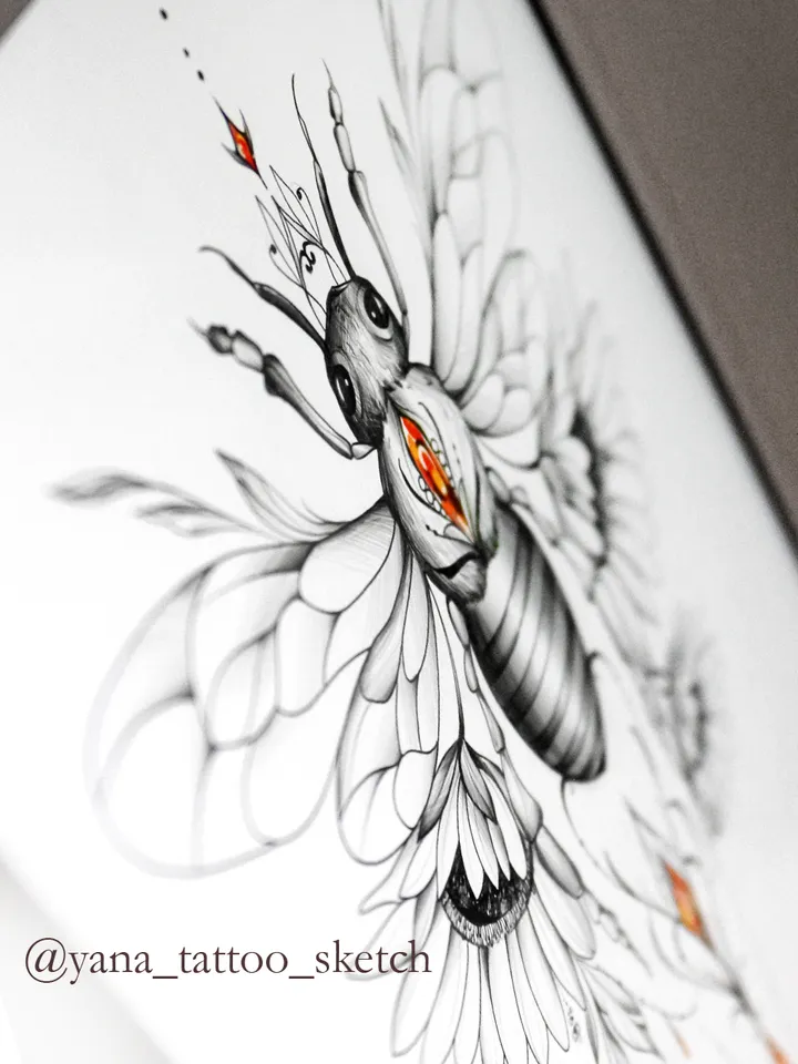 Bee Tattoo Design Drawing Honey Bee And Sunflower Tattoo Idea, Instant download PDF, JPG, PNG