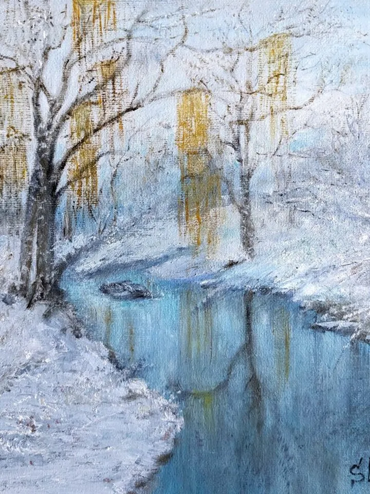 Painting Winter landscape with birches, Dawn River Reflection
canvas on cardboard 10x10 inches, oil paints