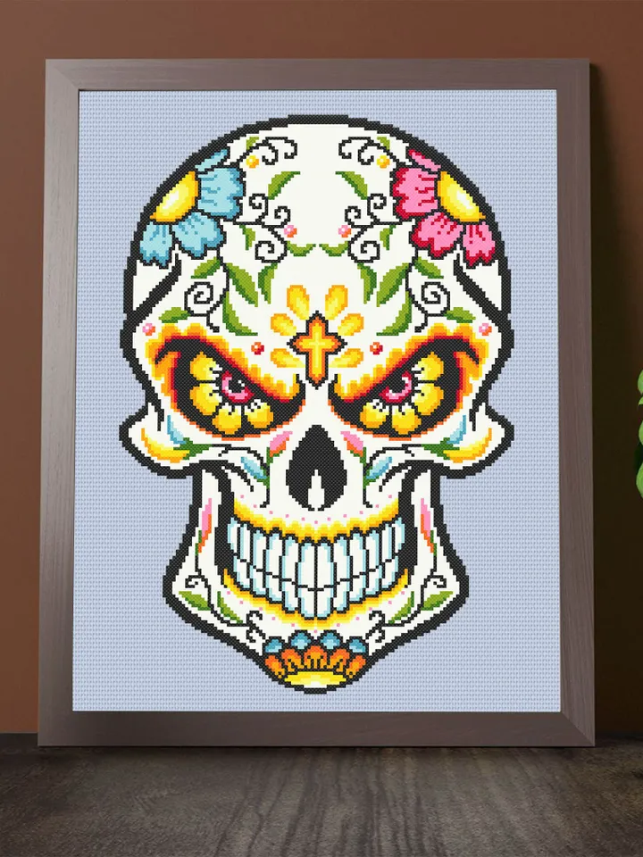 Halloween sugar skull cross stitch pattern download PDF Day of the Dead pattern PDF Mexican skull beginner stitch Flower skull painting #H27