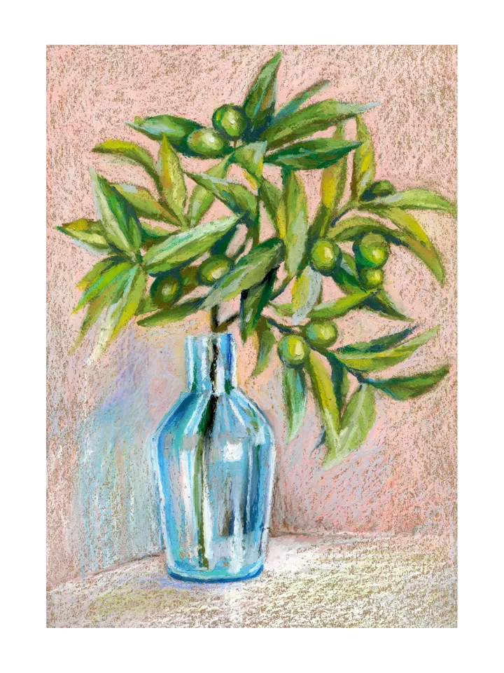 Olive Branch oil pastel drawing on kraft paper А4