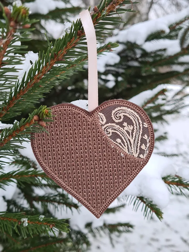 New Year's set of designs of six Christmas tree decorations and a gift box.