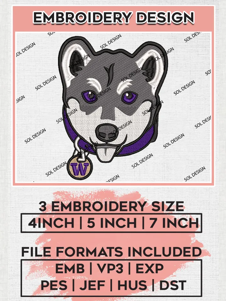 Washington Huskies Team Head Mascot Logo Embroidery Design Files, NCAA Washington Huskies Machine Embroidery, NCAA Teams, 3 sizes, NCAA Machine embroidery designs, Digital Download