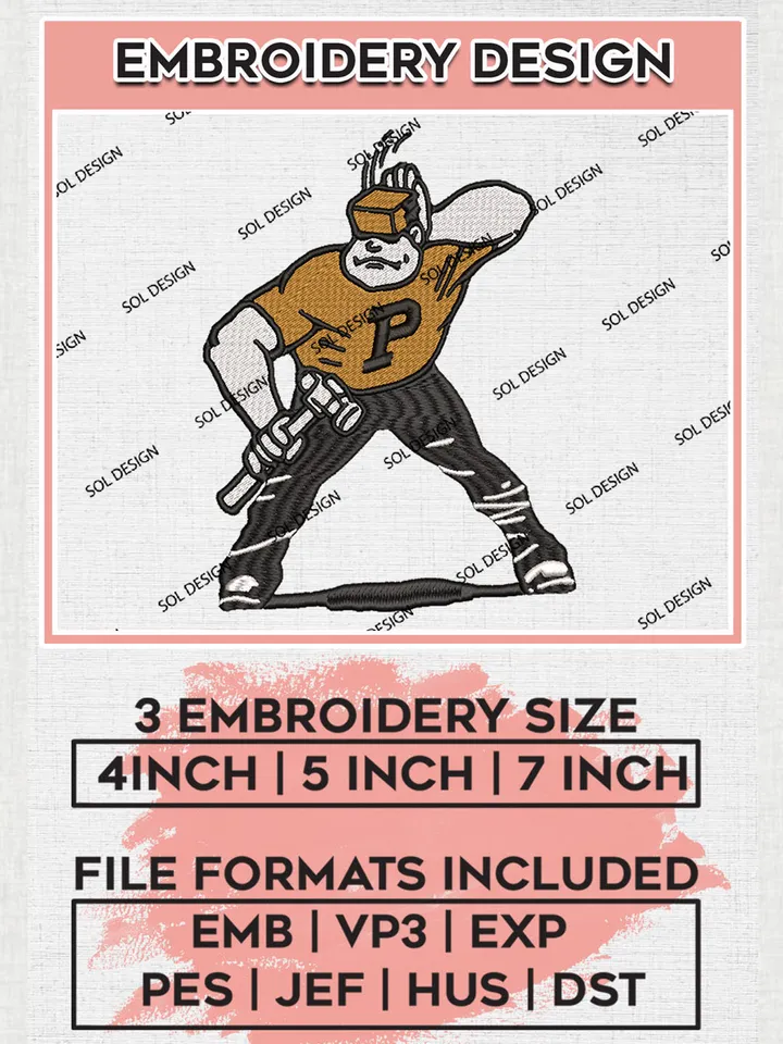 Purdue Boilermakers Team Mascot Logo Embroidery Design Files, NCAA Purdue Boilermakers Machine Embroidery, NCAA Teams, 3 sizes, NCAA Machine embroidery designs, Digital Download