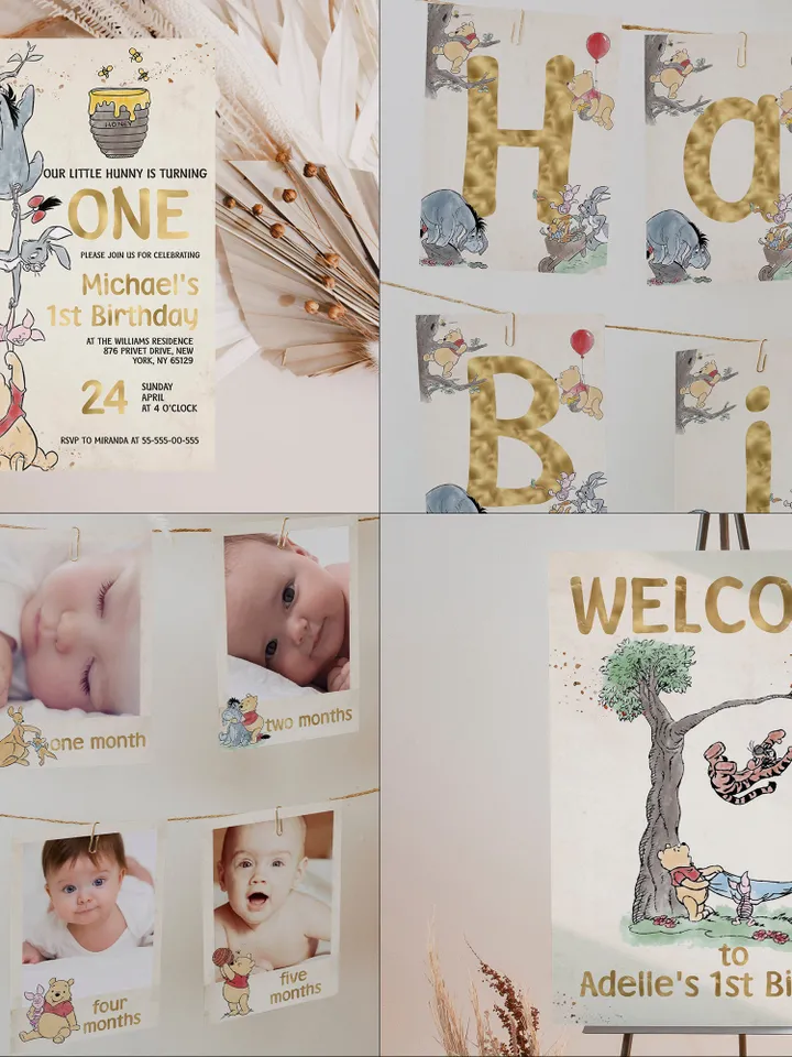 DIY Winnie Pooh Birthday Bundle; Editable 1st Birthday Party Template; Winnie the Pooh Birthday Party; Pooh Birthday Party Decoration; wpg13