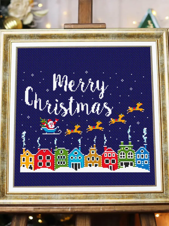Merry Christmas cross stitch pattern PDF download Winter town cross stitch chart, Christmas pattern digital PDF, Christmas houses #N49