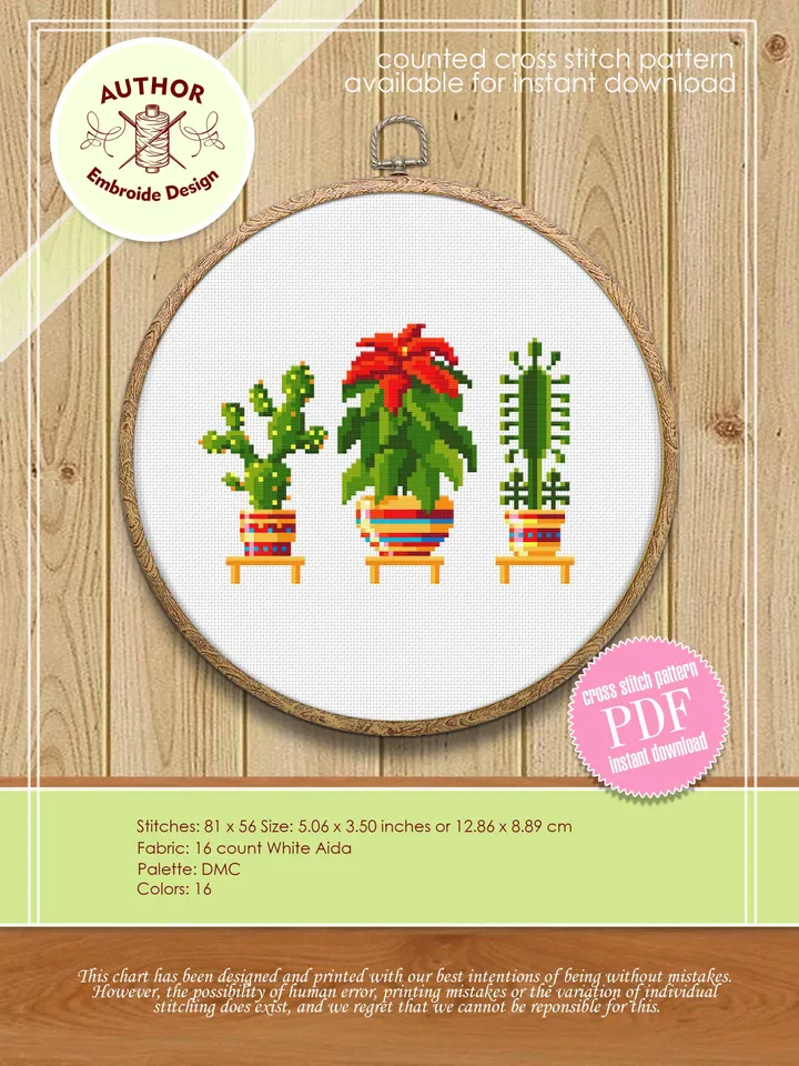 Small home plants cross stitch pattern PDF Floral cross stitch chart, Cactus cross stitch Instant download PDF, Potted plant embroidery #P10