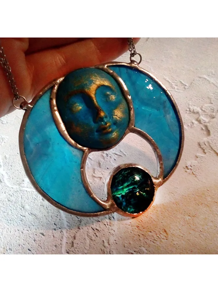 Stained glass blue moon, Moon Goddess, Moon phase necklace, Stainglass crescent, Full moon pendant, Moon face necklace