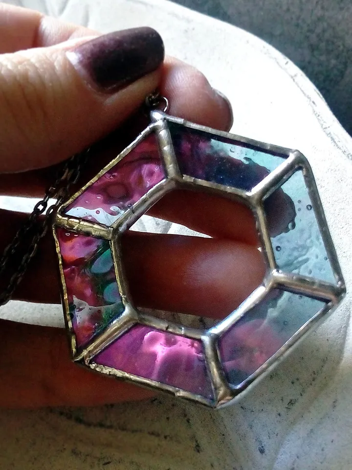 Iridescent stained glass, geometric pendant, Hexagon dichroic necklace, Stained glass cute necklace, Sacred geometry